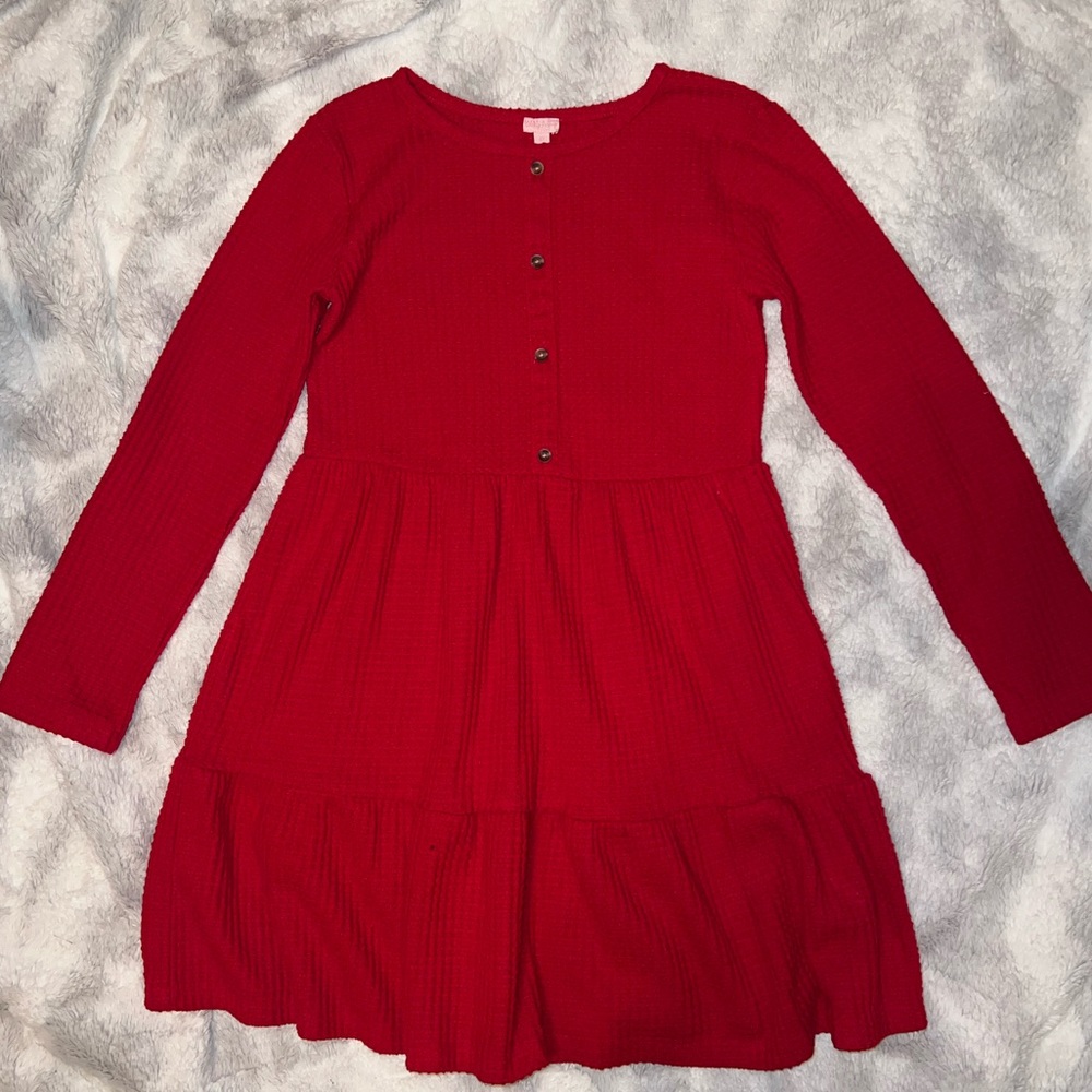 Long-sleeve : Girls Red Waffle Knit Dress